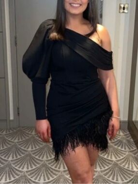 Club London feather trim one shoulder dress nwt